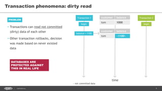 9CONFIDENTIAL
• Transactions can read not committed
(dirty) data of each other
• Other transaction rollbacks, decision
was made based on never existed
data
Transaction phenomena: dirty read
PROBLEM
Transaction 1 Transaction 2customer balance
tom 1000
time
begin begin
balance = 1100
customer balance
tom ~1100~
~ not committed data
DATABASES ARE
PROTECTED AGAINST
THIS IN REAL LIFE
 
