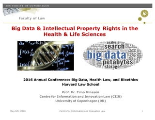 Centre for Information and Innovation LawMay 6th, 2016 1
Big Data & Intellectual Property Rights in the
Health & Life Sciences
2016 Annual Conference: Big Data, Health Law, and Bioethics
Harvard Law School
Prof. Dr. Timo Minssen
Centre for Information and Innovation Law (CIIR)
University of Copenhagen (DK)
 