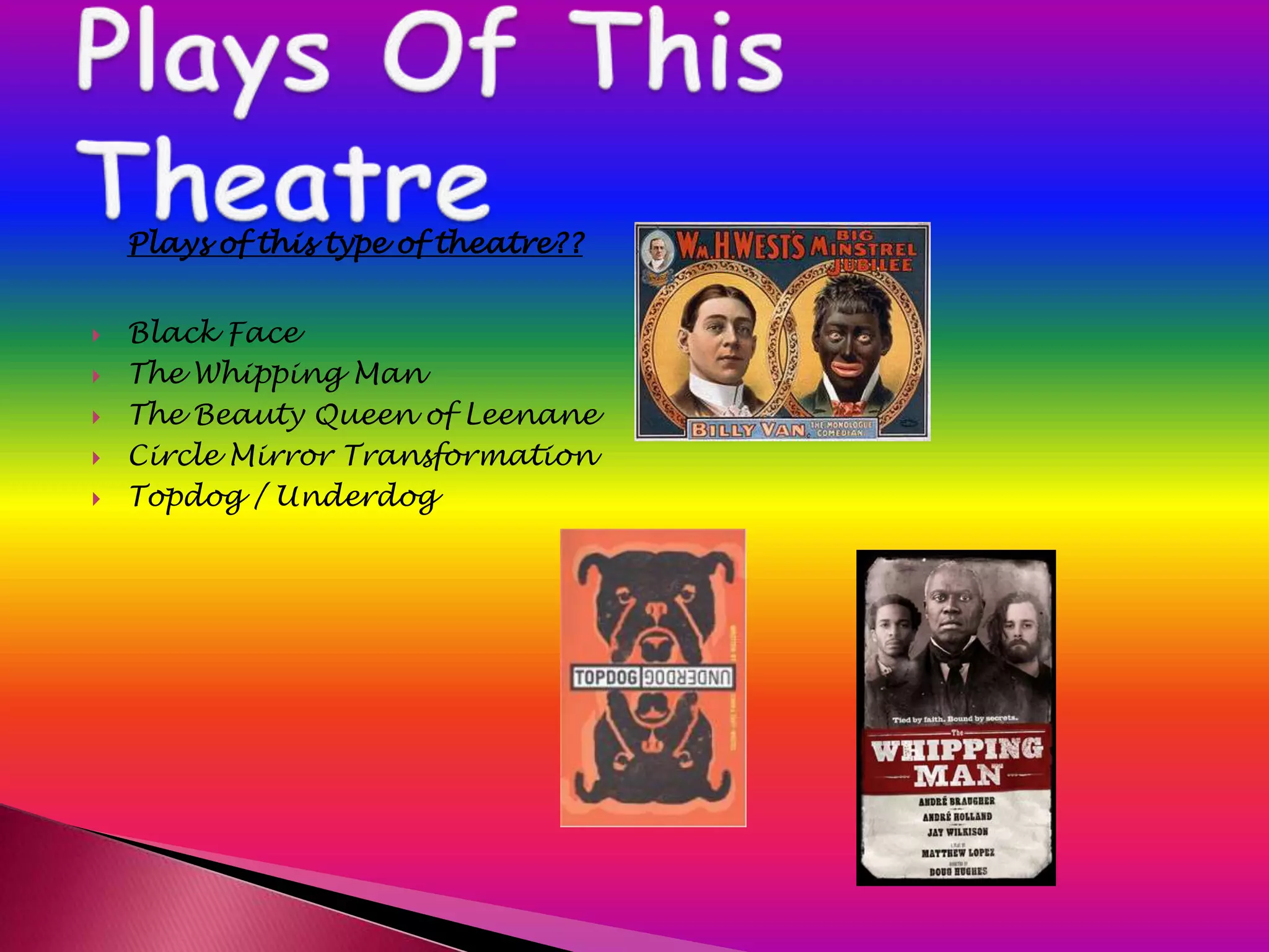 Plays of this type of theatre??


   Black Face
   The Whipping Man
   The Beauty Queen of Leenane
   Circle Mirror Transformation
   Topdog / Underdog
 