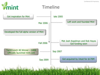 Timeline <ul><li>` </li></ul>Left work and founded Mint Developed the full alpha version of Mint late 2005 Mar 2006 Fall 2...