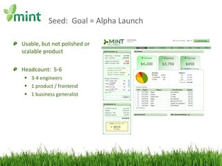 Seed:  Goal = Alpha Launch Usable, but not polished or scalable product Headcount:  5-6 3-4 engineers 1 product / frontend 1 business generalist 