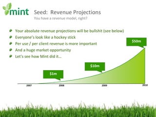 Seed:  Revenue Projections You have a revenue model, right? Your absolute revenue projections will be bullshit (see below) Everyone’s look like a hockey stick Per use / per client revenue is more important And a huge market opportunity Let’s see how Mint did it… 2007 2008 2009 2010 $1m $10m $50m 
