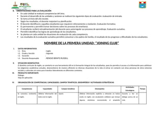 X. ORIENTACIONES PARA LA EVALUACIÓN
 En cada Unidad se evaluará competencias del área.
 Durante el desarrollo de las unidades y sesiones se realizará los siguientes tipos de evaluación: evaluación de entrada.
 Se toma al inicio del año escolar.
 Según los resultados, el docente reajustará su planificación.
 El docente identificará a aquellos estudiantes que requieren reforzamiento o nivelación. Evaluación formativa.
 Es permanente y permitirá tomar decisiones sobre los procesos de enseñanza.
 El estudiante recibirá retroalimentación del docente para autorregular sus procesos de aprendizaje. Evaluación sumativa.
 Permitirá identificar los logros de aprendizaje de los estudiantes.
 Se plantea en cada unidad las situaciones de evaluación de cada competencia.
 Los resultados de la evaluación sumativa permitirá comunicar a los padres de familia, el resultado de los progresos y dificultades de los estudiantes.
NOMBRE DE LA PRIMERA UNIDAD: “JOINING CLUB”
I. DATOS INFORMATIVOS
I.1. Área : Inglés
I.2. Grado y Sección : Segundo
I.3. Duración :
I.4. Docente Responsable : RENOJO BENITO RUSSELL
II. SITUACION SIGNIFICATIVA
El dominio curricular de Inglés, se convierte en una herramienta útil en la formación integral de los estudiantes, pues les permite el acceso a la información para satisfacer
las exigencias académicas actuales, desenvolverse de manera eficiente en diversas situaciones de la vida al entrar en contacto con otras personas de otros entornos
sociales y culturales asi como para transitar laboralmente en diferentes contextos.
III. PRODUCTO IMPORTANTE
Diálogo.
Hoja de aplicación.
IV. ORGANIZACIÓN DE COMPETENCIAS, CAPACIDADES, CAMPOS TEMÁTICOS, DESEMPEÑOS Y ACTIVIDADES ESTRATÉGICAS
Competencias Capacidades Campos temáticos Desempeños
Actividades
Estratégicas
Tiempo
Se comunica oralmente
en inglés.
Obtiene información del
texto oral en inglés.
Sports Obtiene información explícita y relevante en textos
orales en inglés, con vocabulario cotidiano que incluye
algunos sinónimos reconociendo el propósito
Escucha y lee un
diálogo acerca de un
club.
 