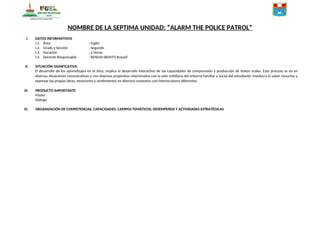 NOMBRE DE LA SEPTIMA UNIDAD: “ALARM THE POLICE PATROL”
I. DATOS INFORMATIVOS
I.1. Área : inglés
I.2. Grado y Sección : Segundo
I.3. Duración : 2 Horas
I.4. Docente Responsable : RENOJO BENITO Russell
II. SITUACIÓN SIGNIFICATIVA.
El desarrollo de los aprendizajes en el área, implica el desarrollo interactivo de las capacidades de comprensión y producción de textos orales. Este proceso se da en
diversas situaciones comunicativas y con diversos propósitos relacionados con la vida cotidiana del entorno familiar y social del estudiante. Involucra el saber escuchar y
expresar las propias ideas, emociones y sentimientos en diversos contextos con interlocutores diferentes.
III. PRODUCTO IMPORTANTE
Póster
Diálogo
IV. ORGANIZACIÓN DE COMPETENCIAS, CAPACIDADES, CAMPOS TEMÁTICOS, DESEMPEÑOS Y ACTIVIDADES ESTRATÉGICAS
 