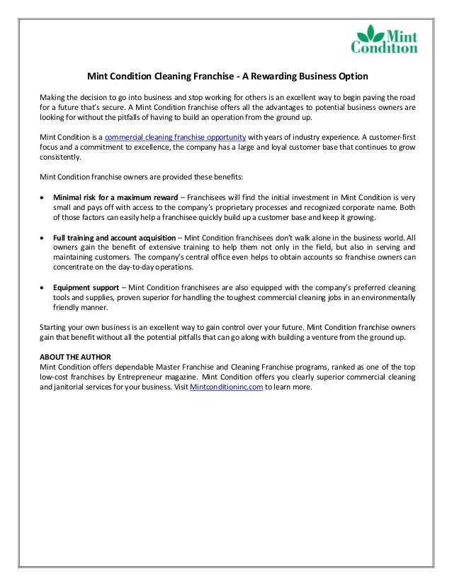 Mint condition cleaning franchise a rewarding business option