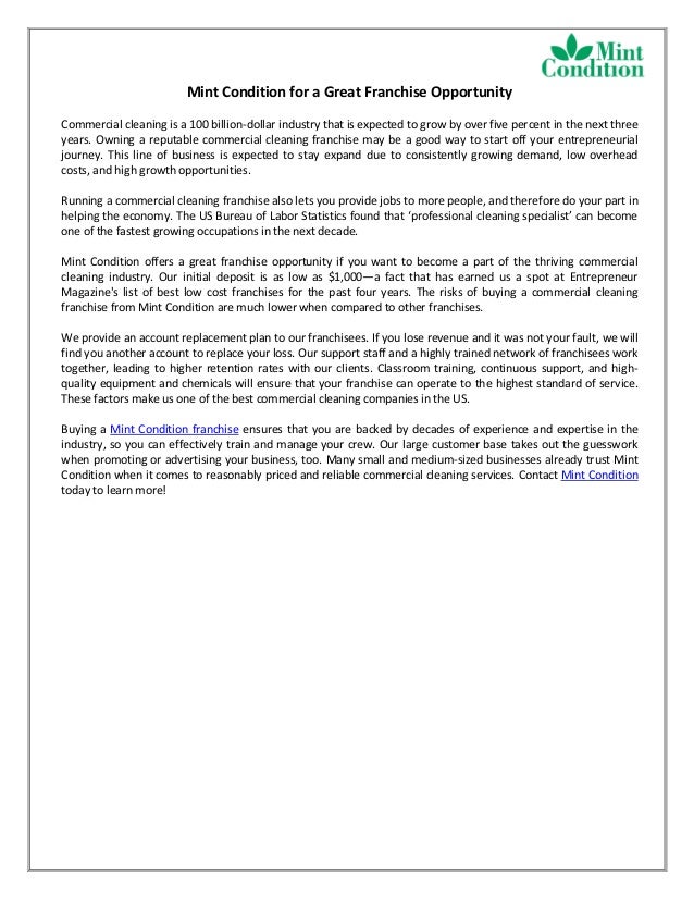 Mint condition for a great franchise opportunity