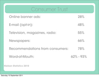 Consumer Trust
         Online banner ads:                      28%

         E-mail (opt-in):                        48%

         Television, magazines, radio:           55%

         Newspapers:                             66%

         Recommendations from consumers:         78%

         Word-of-Mouth:                       62% - 93%

   Nielsen Statistics 2010



Saturday 10 September 2011
 