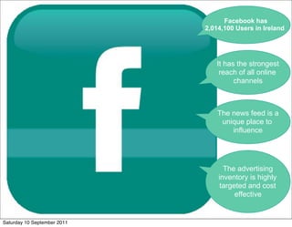 Facebook has
                             2,014,100 Users in Ireland




                                It has the strongest
                                 reach of all online
                                      channels



                                 The news feed is a
                                  unique place to
                                     influence




                                   The advertising
                                 inventory is highly
                                  targeted and cost
                                       effective


Saturday 10 September 2011
 