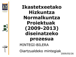 Ikastetxeetako Hizkuntza Normalkuntza Proiektuak  (2009-2013) diseinatzeko prozesua MINTEGI-BILERA Oiartzualdeko mintegiak 2009/05/26 