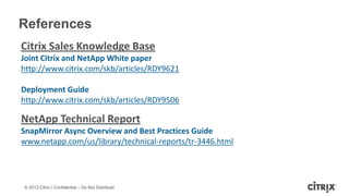 © 2013 Citrix | Confidential – Do Not Distribute
References
Citrix Sales Knowledge Base
Joint Citrix and NetApp White paper
http://www.citrix.com/skb/articles/RDY9621
Deployment Guide
http://www.citrix.com/skb/articles/RDY9506
NetApp Technical Report
SnapMirror Async Overview and Best Practices Guide
www.netapp.com/us/library/technical-reports/tr-3446.html
 