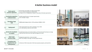 Confidential 3
A better business model
Net Promoter Score (NPS) 1.9x Upper Upscale hotels
Four #1-ranked and eight top-4 ranked hotels
#1 Hotel in U.S. on TripAdvisor & Travelers’ Choice Best of the Best award winner
RevPAR outperformance 1.6x Upper Upscale hotels
with 1.8x higher margins
$800Bn global lodging market in 2019, growing to $968Bn in 2025
Hotel revenue grew 3.0x in 2021, projecting ~2.0x in 2022
and +120% Revenue CAGR from 2021-2025E
Branded hotel chains are franchise models, can’t force the hotel franchisees to change
Hotels built with old-format room types and legacy tech stacks
Management agreements = take-rate model
80%+ Gross Margin, asset-light, minimally capital intensive
2x Revenue / NOI increase when Mint House operates property, and hassle-free
Vastly superior
customer experience
1
Consistently outperform
traditional hotels
2
Disrupting a huge
TAM
3
Rapid growth
4
Barriers for incumbents
to compete
5
High-margin
business model
6
Compelling value
proposition for real
estate partners
7
 