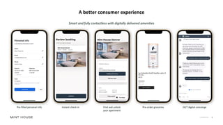 Confidential 4
A better consumer experience
Smart and fully contactless with digitally delivered amenities
Instant check-in Find and unlock
your apartment
Pre-filled personal info Pre-order groceries 24/7 digital concierge
 