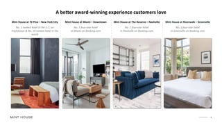 Confidential 8
A better award-winning experience customers love
Mint House at The Reserve – Nashville
No. 1 four-star hotel
in Nashville on Booking.com
Mint House at Riverwalk – Greenville
No. 1 four-star hotel
in Greenville on Booking.com
Mint House at Miami – Downtown
No. 1 four-star hotel
in Miami on Booking.com
Mint House at 70 Pine – New York City
No. 1 ranked hotel in the U.S. on
TripAdvisor & No. 18 ranked hotel in the
world
 