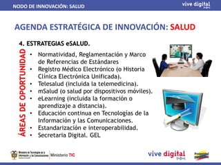 NODO DE INNOVACIÓN: SALUD


AGENDA ESTRATÉGICA DE INNOVACIÓN: SALUD
  4. ESTRATEGIAS eSALUD.
 ÁREAS DE OPORTUNIDAD



                        •   Normatividad, Reglamentación y Marco
                            de Referencias de Estándares
                        •   Registro Médico Electrónico (o Historia
                            Clínica Electrónica Unificada).
                        •   Telesalud (incluida la telemedicina).
                        •   mSalud (o salud por dispositivos móviles).
                        •   eLearning (incluida la formación o
                            aprendizaje a distancia).
                        •   Educación continua en Tecnologías de la
                            Información y las Comunicaciones.
                        •   Estandarización e interoperabilidad.
                        •   Secretaria Digital. GEL
 