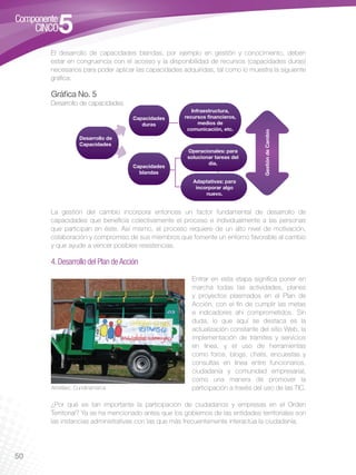 El desarrollo de capacidades blandas, por ejemplo en gestión y conocimiento, deben
     estar en congruencia con el acceso y la disponibilidad de recursos (capacidades duras)
     necesarios para poder aplicar las capacidades adquiridas, tal como lo muestra la siguiente
     gráfica:

     Gráfica No. 5
     Desarrollo de capacidades
                                                       Infraestructura,
                                   Capacidades      recursos ﬁnancieros,
                                      duras               medios de
                                                     comunicación, etc.




                                                                                 Gestión de Cambio
                Desarrollo de
                Capacidades
                                                     Operacionales: para
                                                     solucionar tareas del
                                                             día.
                                   Capacidades
                                     blandas
                                                       Adaptativas: para
                                                        incorporar algo
                                                            nuevo.


     La gestión del cambio incorpora entonces un factor fundamental de desarrollo de
     capacidades que beneficia colectivamente el proceso e individualmente a las personas
     que participan en éste. Así mismo, el proceso requiere de un alto nivel de motivación,
     colaboración y compromiso de sus miembros que fomente un entorno favorable al cambio
     y que ayude a vencer posibles resistencias.

     4. Desarrollo del Plan de Acción

                                                       Entrar en esta etapa significa poner en
                                                       marcha todas las actividades, planes
                                                       y proyectos plasmados en el Plan de
                                                       Acción, con el fin de cumplir las metas
                                                       e indicadores ahí comprometidos. Sin
                                                       duda, lo que aquí se destaca es la
                                                       actualización constante del sitio Web, la
                                                       implementación de trámites y servicios
                                                       en línea, y el uso de herramientas
                                                       como foros, blogs, chats, encuestas y
                                                       consultas en línea entre funcionarios,
                                                       ciudadanía y comunidad empresarial,
                                                       como una manera de promover la
     Arbeláez, Cundinamarca                            participación a través del uso de las TIC.

     ¿Por qué es tan importante la participación de ciudadanos y empresas en el Orden
     Territorial? Ya se ha mencionado antes que los gobiernos de las entidades territoriales son
     las instancias administrativas con las que más frecuentemente interactúa la ciudadanía.




50
 