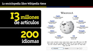 La enciclopedia libre Wikipedia tiene



      13artículos
       de
          millones


          200
          idiomas
 