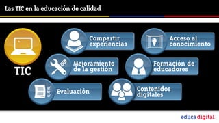 Las TIC en la educación de calidad



                             Compartir               Acceso al
                             experiencias            conocimiento

                        Mejoramiento            Formación de
   TIC                  de la gestión           educadores


                  Evaluación                Contenidos
                                            digitales


                                                         Educación de calidad en un mundo digital
 