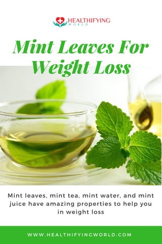 Mint Leaves For
Weight Loss
Mint leaves, mint tea, mint water, and mint
juice have amazing properties to help you
in weight loss
W W W . H E A L T H I F Y I N G W O R L D . C O M
 
