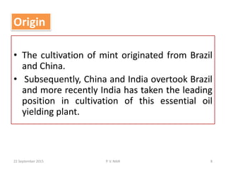 Origin
• The cultivation of mint originated from Brazil
and China.
• Subsequently, China and India overtook Brazil
and more recently India has taken the leading
position in cultivation of this essential oil
yielding plant.
22 September 2015 8P. V. NAIK
 