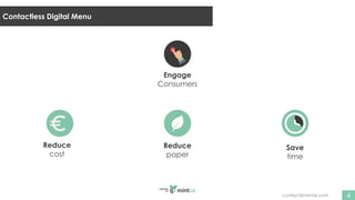 contact@mintqr.com
Contactless Digital Menu
4
Engage
Consumers
Reduce
cost
Reduce
paper
Save
time
 