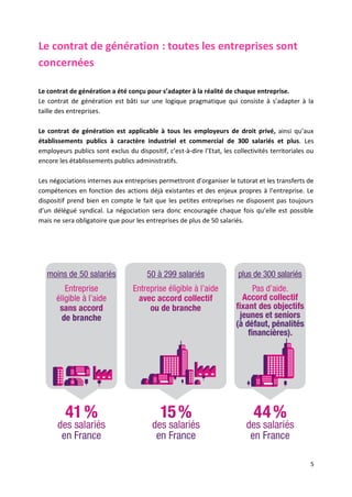 5
Le contrat de génération : toutes les entreprises sont
concernées
Le contrat de génération a été conçu pour s’adapter à la réalité de chaque entreprise.
Le contrat de génération est bâti sur une logique pragmatique qui consiste à s’adapter à la
taille des entreprises.
Le contrat de génération est applicable à tous les employeurs de droit privé, ainsi qu’aux
établissements publics à caractère industriel et commercial de 300 salariés et plus. Les
employeurs publics sont exclus du dispositif, c’est-à-dire l’Etat, les collectivités territoriales ou
encore les établissements publics administratifs.
Les négociations internes aux entreprises permettront d’organiser le tutorat et les transferts de
compétences en fonction des actions déjà existantes et des enjeux propres à l’entreprise. Le
dispositif prend bien en compte le fait que les petites entreprises ne disposent pas toujours
d’un délégué syndical. La négociation sera donc encouragée chaque fois qu’elle est possible
mais ne sera obligatoire que pour les entreprises de plus de 50 salariés.
 