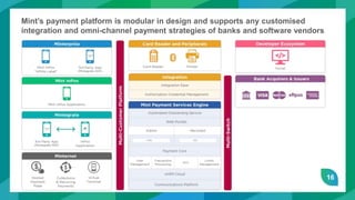 16
Mint’s payment platform is modular in design and supports any customised
integration and omni-channel payment strategies of banks and software vendors
 