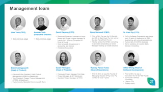 27
Management team
Bjorn Behrendt (CMO)
• Prior to Mint, he was the Co-founder
and MD of StyleTread Pty Ltd, and he
founded ParcelPush Pty Ltd
• He also worked for KPMG Consulting
he and later joined eBay as Senior
Manager heading up mobile solutions.
Dr. Fred Yip (CTO)
• PhD in Software Engineering and brings
over 15 years of experience of R&D,
engineering and consulting experience.
• Former MD of ViViPOS Australia
• Senior positions at Investec Bank,
Genexis Consulting
David Owyong (CFO)
• Previously Financial Controller at Virgin
Money and Group Finance Manager at
Landis+Gyr, & Senior Consultant at
Ernst & Young
• Over ten years of experience in
accounting and finance
• Chartered Accountant
Alex Teoh (CEO)
• See previous page
Andrew Teoh
(Executive Director)
• See previous page
Alfred Wong (Head of
Software Development)
• Prior to Mint, he was a
Consultant for T2 And Me Pty Ltd
• Co-founder Genexis
Consulting
• Logica / CGI
• Towers Perrin
Rodney Parker-Yules
(Head of Operations)
• Prior to Mint, he was the Founder &
Managing Director of Pay & Go Pty
Limited for over 7 years
Matt Challingsworth
(Head of Product)
• Previously Vice President, Debit Product
Management APMEA at Mastercard
• Vice President, Prepaid Product Management
APMEA at Mastercard
• Cards Industry Specialist Commonwealth Bank
Sarah Pilkington
(Head of Projects)
• Previously Project Manager First Data
• Project Manager at 247 Distribution
• Assistant Project Manager at TSYS
 