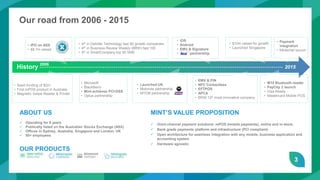 3
Our road from 2006 - 2015
2006
2015
• iOS
• Android
• EMV & Signature
• partnership
• Microsoft
• BlackBerry
• Mint achieves PCI-DSS
• Optus partnership
• Seed funding of $2m
• First mPOS product in Australia
• Magnetic Swipe Reader & Printer
• Launched UK
• Motorola partnership
• MYOB partnership
• EMV & PIN
• NFC Contactless
• EFTPOS
• APCA
• BRW 13th most innovative company
• IPO on ASX
• $8.7m raised
• 4th in Deloitte Technology fast 50 growth companies
• 4th in Business Review Weekly (BRW) fast 100
• 5th in SmartCompany top 50 SME
History
• $10m raised for growth
• Launched Singapore
MINT’S VALUE PROPOSITION
 Omni-channel payment solutions: mPOS (mobile payments), online and in-store.
 Bank grade payments platform and infrastructure (PCI compliant)
 Open architecture for seamless integration with any mobile, business application and
accounting system
 Hardware agnostic
ABOUT US
 Operating for 9 years
 Publically listed on the Australian Stocks Exchange (ASX)
 Offices in Sydney, Australia, Singapore and London, UK
 50+ employees
OUR PRODUCTS
• Paymark
integration
• Minternet launch
• M10 Bluetooth reader
• PayClip 2 launch
• Visa Ready
• Mastercard Mobile POS
 