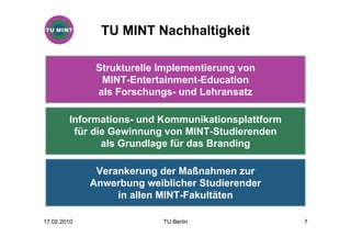TU MINT Nachhaltigkeit

              Strukturelle Implementierung von
               MINT-Entertainment-Education
              als Forschungs- und Lehransatz

        Informations- und Kommunikationsplattform
         für die Gewinnung von MINT-Studierenden
               als Grundlage für das Branding

              Verankerung der Maßnahmen zur
             Anwerbung weiblicher Studierender
                  in allen MINT-Fakultäten

17.02.2010                 TU Berlin                7
 