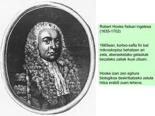 Robert Hooke fisikari ingelesa
(1635-1702)
1665ean, kortxo-xafla fin bat
mikroskopioz behatzen ari
zela, aberasketako gelaskak
bezalako zatiak ikusi zituen.
Hooke izan zen egitura
biologikoa deskribatzeko zelula
hitza erabili zuen lehena.
 