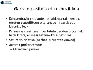 Garraio pasiboa eta espezifikoa
• Kontzentrazio gradiantearen alde garraiatzen da,
  erreten espezifikoen bitartez: permeasak edo
  laguntzaileak
• Permeasak: mintzean txertatuta dauden proteinak
  batzuk dira, elikagai batzuekiko espezifikoa
• Saturazio zinetika (Michaelis-Menten erakoa)
• Arraroa prokariotetan:
   – Glizerolaren garraioa
 