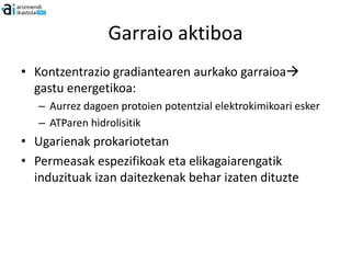 Garraio aktiboa
• Kontzentrazio gradiantearen aurkako garraioa
  gastu energetikoa:
   – Aurrez dagoen protoien potentzial elektrokimikoari esker
   – ATParen hidrolisitik
• Ugarienak prokariotetan
• Permeasak espezifikoak eta elikagaiarengatik
  induzituak izan daitezkenak behar izaten dituzte
 