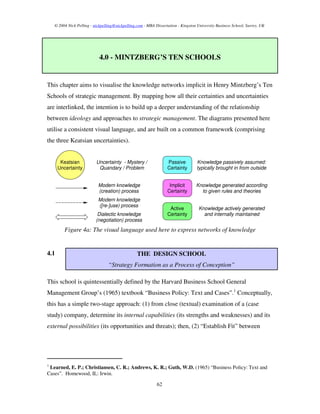 © 2004 Nick Pelling - nickpelling@nickpelling.com - MBA Dissertation - Kingston University Business School, Surrey, UK




                             4.0 - MINTZBERG’S TEN SCHOOLS


This chapter aims to visualise the knowledge networks implicit in Henry Mintzberg’s Ten
Schools of strategic management. By mapping how all their certainties and uncertainties
are interlinked, the intention is to build up a deeper understanding of the relationship
between ideology and approaches to strategic management. The diagrams presented here
utilise a consistent visual language, and are built on a common framework (comprising
the three Keatsian uncertainties).


       Keatsian            Uncertainty - Mystery /                 Passive         Knowledge passively assumed:
      Uncertainty           Quandary / Problem                     Certainty       typically brought in from outside


                            Modern knowledge                        Implicit       Knowledge generated according
                            (creation) process                     Certainty         to given rules and theories
                            Modern knowledge
                            ([re-]use) process
                                                                    Active           Knowledge actively generated
                            Dialectic knowledge                    Certainty           and internally maintained
                           (negotiation) process
         Figure 4a: The visual language used here to express networks of knowledge


4.1                                               THE DESIGN SCHOOL
                                  “Strategy Formation as a Process of Conception”

This school is quintessentially defined by the Harvard Business School General
Management Group’s (1965) textbook “Business Policy: Text and Cases”.1 Conceptually,
this has a simple two-stage approach: (1) from close (textual) examination of a (case
study) company, determine its internal capabilities (its strengths and weaknesses) and its
external possibilities (its opportunities and threats); then, (2) “Establish Fit” between




1
 Learned, E. P.; Christiansen, C. R.; Andrews, K. R.; Guth, W.D. (1965) “Business Policy: Text and
Cases”. Homewood, IL: Irwin.

                                                             62
 