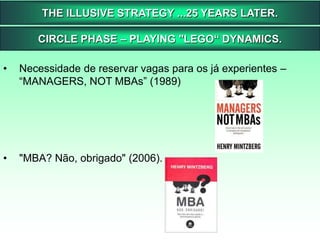 THE ILLUSIVE STRATEGY...25 YEARS LATER.Vértice Estratégico:É o topo da hierarquia, onde se processam a maior parte das decisões. É aqui que é delineada a estratégia e onde é feito o planejamento de como decorre todo o processo de produção. Esta estrutura tem a principal função de assegurar o cumprimento da missão de uma forma eficaz, mas é também responsável por todo o tipo de supervisão.Linha Média:tem a principal função de estabelecer a ligação entre as diferentes partes da organização. Ele é composto por gestores intermédios que tentam dar resposta às diferentes necessidades existentes no sistema. Este é um centro nevrálgico de toda a estrutura, pois é por aqui que passa toda a informação e onde as estratégias são adaptadas, mediante a forma como está a funcionar o processo de produção. Cabe a esta parte, fazer ligação entre todos os elementos da estrutura,Núcleo Operacional:também denominada “chão de fábrica”, é onde se dá o processo de produção. O produto desta estrutura não é forçosamente um bem, O produto das organizações pode ser um serviço, toda a organização vive em função do Centro Operacional, pois é para ele que ela existe.
