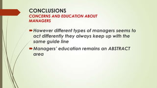 CONCLUSIONS

CONCERNS AND EDUCATION ABOUT
MANAGERS

However different types of managers seems to
act differently they always keep up with the
same guide line
Managers’ education remains an ABSTRACT
area

 