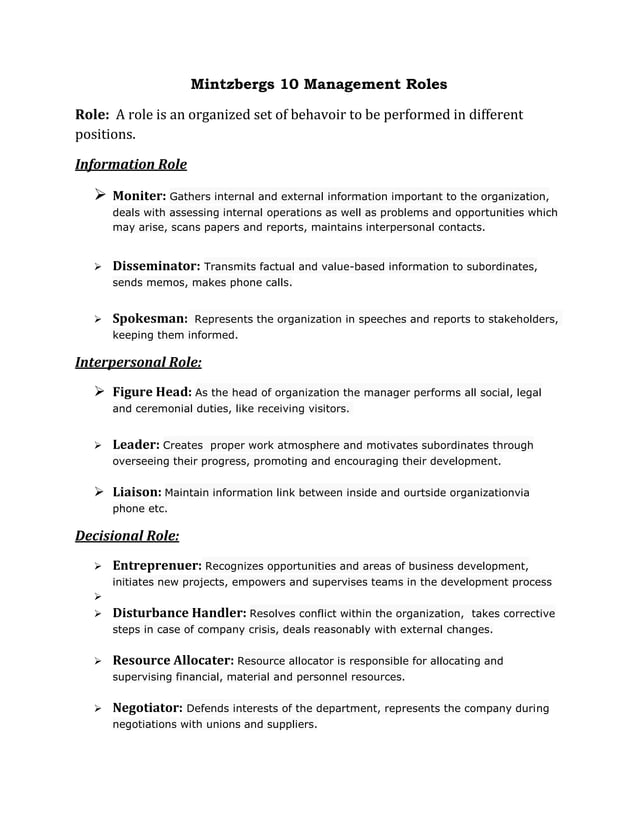 Key Managerial Rores Mintzbergs 10 management roles | DOCX