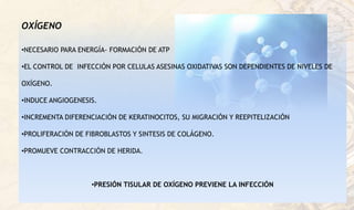 OXÍGENO
•NECESARIO PARA ENERGÍA- FORMACIÓN DE ATP
•EL CONTROL DE INFECCIÓN POR CELULAS ASESINAS OXIDATIVAS SON DEPENDIENTES DE NIVELES DE
OXÍGENO.
•INDUCE ANGIOGENESIS.
•INCREMENTA DIFERENCIACIÓN DE KERATINOCITOS, SU MIGRACIÓN Y REEPITELIZACIÓN
•PROLIFERACIÓN DE FIBROBLASTOS Y SINTESIS DE COLÁGENO.
•PROMUEVE CONTRACCIÓN DE HERIDA.
•PRESIÓN TISULAR DE OXÍGENO PREVIENE LA INFECCIÓN
 