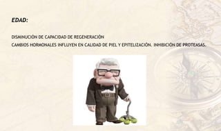 EDAD:
DISMINUCIÓN DE CAPACIDAD DE REGENERACIÓN
CAMBIOS HORMONALES INFLUYEN EN CALIDAD DE PIEL Y EPITELIZACIÓN. INHIBICIÓN DE PROTEASAS.
 