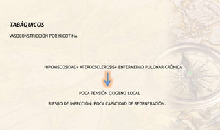 TABÁQUICOS
VASOCONSTRICCIÓN POR NICOTINA
HIPOVISCOSIDAD+ ATEROESCLEROSIS+ ENFERMEDAD PULONAR CRÓNICA
POCA TENSIÓN OXIGENO LOCAL
RIESGO DE INFECCIÓN– POCA CAPACIDAD DE REGENERACIÓN.
 