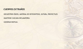 CUERPOS EXTRAÑOS
•SECUESTROS ÓSEOS, MATERIAL DE OSTEOSIÍTESIS, SUTURA, PROYECTILES
•MANTIENE CASCADA INFLAMATORIA
•GENERAN BIOFILM.
 