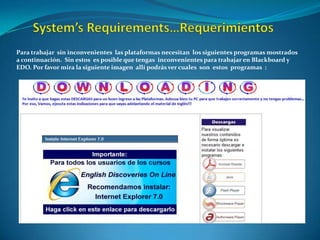 Para trabajar sin inconvenientes las plataformas necesitan los siguientes programas mostrados
a continuación. Sin estos es posible que tengas inconvenientes para trabajar en Blackboard y
EDO. Por favor mira la siguiente imagen allí podrás ver cuales son estos programas :
 