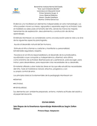 Benemérito Instituto Normal del Estado. 
“Gral. Juan Crisóstomo Bonilla” 
Licenciatura en Educación Inicial 
Primer Semestre Grupo A 
Curso: Material Didáctico 
Asesor: Claudia Castellano 
Alumna: Cristina García Cruz 
El silencio y la movilidad son elementos indispensables en esta metodología. Los niños pueden mover sus mesas, agruparlas o separarlas según la actividad, todo el mobiliario es adecuado al tamaño del niño, siendo las manos las mejores herramientas de exploración, descubrimiento y construcción de dichos aprendizajes. 
El Método Montessori, es considerado como una educación para la vida y se sirve de los siguientes aspectos para lograrlo: 
Ayuda al desarrollo natural del Ser Humano. 
Estimula al niño a formar su carácter y manifestar su personalidad, brindándole seguridad y respeto. 
Favorece en el niño la responsabilidad y el desarrollo de la autodisciplina, ayudándolo a que conquiste su independencia y libertad, esta última como sinónimo de actividad, libertad para ser y pertenecer, para escoger, para instruir, para desarrollarse, para responder a las necesidades de su desarrollo. 
El material utilizado cubre todas las áreas en las que ella estudió las necesidades del niño. Todo el material es natural, atractivo, progresivo y con su propio control de error. 
Los principios básicos fundamentales de la pedagogía Montessori son 
♦Libertad. 
♦Actividad. 
♦Individualidad. 
Sus elementos son: ambiente preparado, entorno, materia actitudes del adulto y el papel del docente. 
ZOLTAN DIENES. 
Seis Etapas de la Enseñanza-Aprendizaje Matemáticas Según Zoltan Dienes Primera Etapa: Adaptación  