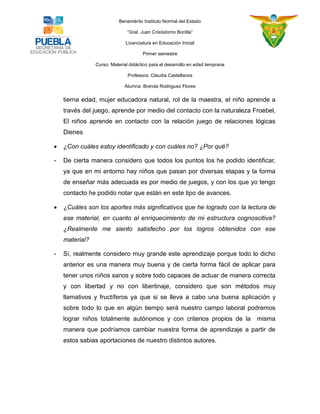Benemérito Instituto Normal del Estado 
“Gral. Juan Crisóstomo Bonilla” 
Licenciatura en Educación Inicial 
Primer semestre 
Curso: Material didáctico para el desarrollo en edad temprana 
Profesora: Claudia Castellanos 
Alumna: Brenda Rodriguez Flores 
tierna edad, mujer educadora natural, rol de la maestra, el niño aprende a través del juego, aprende por medio del contacto con la naturaleza Froebel, El niños aprende en contacto con la relación juego de relaciones lógicas Dienes  ¿Con cuáles estoy identificado y con cuáles no? ¿Por qué? - De cierta manera considero que todos los puntos los he podido identificar, ya que en mi entorno hay niños que pasan por diversas etapas y la forma de enseñar más adecuada es por medio de juegos, y con los que yo tengo contacto he podido notar que están en este tipo de avances.  ¿Cuáles son los aportes más significativos que he logrado con la lectura de ese material, en cuanto al enriquecimiento de mi estructura cognoscitiva? ¿Realmente me siento satisfecho por los logros obtenidos con ese material? - Sí, realmente considero muy grande este aprendizaje porque todo lo dicho anterior es una manera muy buena y de cierta forma fácil de aplicar para tener unos niños sanos y sobre todo capaces de actuar de manera correcta y con libertad y no con libertinaje, considero que son métodos muy llamativos y fructíferos ya que si se lleva a cabo una buena aplicación y sobre todo lo que en algún tiempo será nuestro campo laboral podremos lograr niños totalmente autónomos y con criterios propios de la misma manera que podríamos cambiar nuestra forma de aprendizaje a partir de estos sabias aportaciones de nuestro distintos autores. 
 