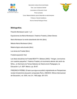 Benemérito Instituto Normal del Estado 
“Gral. Juan Crisóstomo Bonilla” 
Licenciatura en Educación Inicial 
Primer semestre 
Curso: Material didáctico para el desarrollo en edad temprana 
Profesora: Claudia Castellanos 
Alumna: Brenda Rodriguez Flores 
Bibliografías. 
Filosofía Montessori audio 1 y 2 
Exposiciones de María Montessori, Federico Froebel y Zoltan Dienes 
María Montessori la mente absorbente del niño (libro) 
Método María Montessori (libro) 
Materia lógico estructurado (libro) 
Los dones de Froebel (libro) 
Froebel exposición final 
Las ideas educativas de Froebel BEATTY, Bárbara (2002). “Vengan, convivamos con nuestros pequeños”. Federico Froebel y el movimiento alemán del Jardín de Niños., en Seminario de Temas Selectos de Historia de la Pedagogía y la Educación I y II. SEP. México. pp. 85-97. 
FRIEDRICH FRÖBEL El texto que sigue se publicó originalmente en Perspectivas: revista trimestral de educación comparada (París, UNESCO: Oficina Internacional de Educación), vol. XXIII, nos 3-4, 1993 págs. 501-519. 
