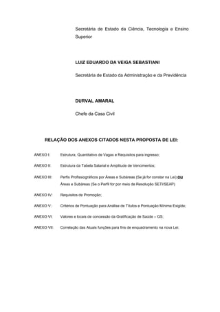 Secretária de Estado da Ciência, Tecnologia e Ensino
                      Superior




                      LUIZ EDUARDO DA VEIGA SEBASTIANI

                      Secretária de Estado da Administração e da Previdência




                      DURVAL AMARAL

                      Chefe da Casa Civil




     RELAÇÃO DOS ANEXOS CITADOS NESTA PROPOSTA DE LEI:


ANEXO I:     Estrutura, Quantitativo de Vagas e Requisitos para ingresso;

ANEXO II:    Estrutura da Tabela Salarial e Amplitude de Vencimentos;


ANEXO III:   Perfis Profissiográficos por Áreas e Subáreas (Se já for constar na Lei) ou
             Áreas e Subáreas (Se o Perfil for por meio de Resolução SETI/SEAP)

ANEXO IV:    Requisitos de Promoção;

ANEXO V:     Critérios de Pontuação para Análise de Títulos e Pontuação Mínima Exigida;

ANEXO VI:    Valores e locais de concessão da Gratificação de Saúde – GS;

ANEXO VII:   Correlação das Atuais funções para fins de enquadramento na nova Lei;
 