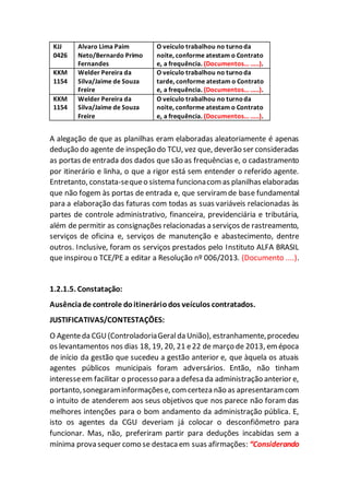 KJJ
0426
Alvaro Lima Paim
Neto/Bernardo Primo
Fernandes
O veículo trabalhou no turnoda
noite, conforme atestam o Contrato
e, a frequência. (Documentos... .....).
KKM
1154
Welder Pereira da
Silva/Jaime de Souza
Freire
O veículo trabalhou no turnoda
tarde, conforme atestam o Contrato
e, a frequência. (Documentos... .....).
KKM
1154
Welder Pereira da
Silva/Jaime de Souza
Freire
O veículo trabalhou no turnoda
noite, conforme atestam o Contrato
e, a frequência. (Documentos... .....).
A alegação de que as planilhas eram elaboradas aleatoriamente é apenas
dedução do agente de inspeção do TCU, vez que, deverão ser consideradas
as portas de entrada dos dados que são as frequências e, o cadastramento
por itinerário e linha, o que a rigor está sem entender o referido agente.
Entretanto, constata-sequeo sistema funcionacomas planilhas elaboradas
que não fogem às portas de entrada e, que serviram de base fundamental
para a elaboração das faturas com todas as suas variáveis relacionadas às
partes de controle administrativo, financeira, previdenciária e tributária,
além de permitir as consignações relacionadas a serviços de rastreamento,
serviços de oficina e, serviços de manutenção e abastecimento, dentre
outros. Inclusive, foram os serviços prestados pelo Instituto ALFA BRASIL
que inspirou o TCE/PE a editar a Resolução nº 006/2013. (Documento ....).
1.2.1.5. Constatação:
Ausênciade controle doitineráriodos veículos contratados.
JUSTIFICATIVAS/CONTESTAÇÕES:
O Agenteda CGU(ControladoriaGeralda União), estranhamente,procedeu
os levantamentos nos dias 18, 19, 20, 21 e22 de março de 2013, em época
de início da gestão que sucedeu a gestão anterior e, que àquela os atuais
agentes públicos municipais foram adversários. Então, não tinham
interesseem facilitar o processo para a defesa da administração anterior e,
portanto,sonegaraminformaçõese, comcerteza não as apresentaramcom
o intuito de atenderem aos seus objetivos que nos parece não foram das
melhores intenções para o bom andamento da administração pública. E,
isto os agentes da CGU deveriam já colocar o desconfiômetro para
funcionar. Mas, não, preferiram partir para deduções incabidas sem a
mínima prova sequer como se destaca em suas afirmações: “Considerando
 