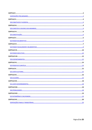 CAPITULO I.................................................................................................................................................................3

   DISPOSIÇÕES PRELIMINARES...........................................................................................................................................3

CAPITULO II................................................................................................................................................................4

   DOS OBJETIVOS E FILOSOFIA...........................................................................................................................................4

CAPITULO III...............................................................................................................................................................4

   DOS DIREITOS E DEVERES DOS MEMBROS......................................................................................................................4

CAPITULO IV...............................................................................................................................................................6

   DA CONSTITUIÇÃO..........................................................................................................................................................6

CAPITULO V................................................................................................................................................................6

   DO PODER DELIBERATIVO...............................................................................................................................................6

CAPITULO VI...............................................................................................................................................................7

   DO PODER FISCALIZADOR E DELIBERATIVO.....................................................................................................................8

CAPITULO VII............................................................................................................................................................10

   DO PODER EXECUTIVO..................................................................................................................................................10

CAPITULO VIII...........................................................................................................................................................12

   DOS DEPARTAMENTOS..................................................................................................................................................12

CAPITULO IX.............................................................................................................................................................14

   DO PODER DE CURATELA..............................................................................................................................................14

CAPITULO X..............................................................................................................................................................15

   DA JUNTA ELEITORAL....................................................................................................................................................15

CAPITULO XI.............................................................................................................................................................16

   DAS ELEIÇÕES................................................................................................................................................................16

CAPITULO XII............................................................................................................................................................18

   DA JUNTA GOVERNAMENTAL........................................................................................................................................18

CAPITULO XIII...........................................................................................................................................................18

   DAS PENALIDADES.........................................................................................................................................................18

CAPITULO XIV...........................................................................................................................................................19

   DO PATRIMÔNIO E DAS RENDAS...................................................................................................................................19

CAPITULO XV............................................................................................................................................................20

   DISPOSIÇÕES FINAIS E TRANSITÓRIAS...........................................................................................................................20




                                                                                                                                                        Página 2 de 20
 