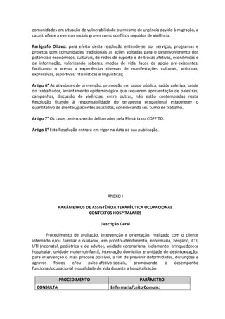 comunidades em situação de vulnerabilidade ou mesmo de urgência devido à migração, a
catástrofes e a eventos sociais graves como conflitos seguidos de violência;

Parágrafo Oitavo: para efeito desta resolução entende-se por serviços, programas e
projetos com comunidades tradicionais as ações voltadas para o desenvolvimento dos
potenciais econômicos, culturais, de redes de suporte e de trocas afetivas, econômicas e
de informação, valorizando saberes, modos de vida, laços de apoio pré-existentes,
facilitando o acesso a experiências diversas de manifestações culturais, artísticas,
expressivas, esportivas, ritualísticas e linguísticas;

Artigo 6° As atividades de prevenção, promoção em saúde pública, saúde coletiva, saúde
do trabalhador, levantamento epidemiológico que requerem apresentação de palestras,
campanhas, discussão de vivências, entre outras, não estão contempladas nesta
Resolução ficando à responsabilidade do terapeuta ocupacional estabelecer o
quantitativo de clientes/pacientes assistidos, considerando seu turno de trabalho.

Artigo 7° Os casos omissos serão deliberados pela Plenária do COFFITO.

Artigo 8° Esta Resolução entrará em vigor na data de sua publicação.




                                        ANEXO I

             PARÂMETROS DE ASSISTÊNCIA TERAPÊUTICA OCUPACIONAL
                         CONTEXTOS HOSPITALARES

                                    Descrição Geral

       Procedimento de avaliação, intervenção e orientação, realizado com o cliente
internado e/ou familiar e cuidador, em pronto-atendimento, enfermaria, berçário, CTI,
UTI (neonatal, pediátrica e de adulto), unidade coronariana, isolamento, brinquedoteca
hospitalar, unidade maternoinfantil, internação domiciliar e unidade de desintoxicação,
para intervenção o mais precoce possível, a fim de prevenir deformidades, disfunções e
agravos     físicos  e/ou     psico-afetivo-sociais, promovendo      o    desempenho
funcional/ocupacional e qualidade de vida durante a hospitalização.

              PROCEDIMENTO                               PARÂMETRO
  CONSULTA                                Enfermaria/Leito Comum:
 