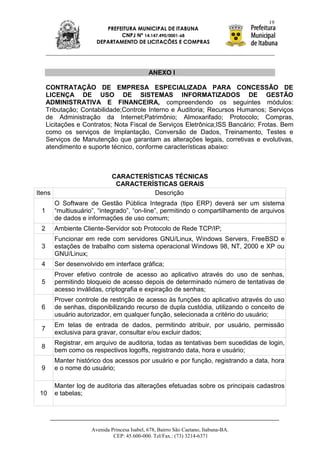 19
                          PREFEITURA MUNICIPAL DE ITABUNA
                               CNPJ Nº 14.147.490/0001-68
                       DEPARTAMENTO DE LICITAÇÕES E COMPRAS




                                              ANEXO I

     CONTRATAÇÃO DE EMPRESA ESPECIALIZADA PARA CONCESSÃO DE
     LICENÇA DE USO DE SISTEMAS INFORMATIZADOS DE GESTÃO
     ADMINISTRATIVA E FINANCEIRA, compreendendo os seguintes módulos:
     Tributação; Contabilidade;Controle Interno e Auditoria; Recursos Humanos; Serviços
     de Administração da Internet;Patrimônio; Almoxarifado; Protocolo; Compras,
     Licitações e Contratos; Nota Fiscal de Serviços Eletrônica;ISS Bancário; Frotas. Bem
     como os serviços de Implantação, Conversão de Dados, Treinamento, Testes e
     Serviços de Manutenção que garantam as alterações legais, corretivas e evolutivas,
     atendimento e suporte técnico, conforme características abaixo:



                              CARACTERÍSTICAS TÉCNICAS
                               CARACTERÍSTICAS GERAIS
Itens                                   Descrição
        O Software de Gestão Pública Integrada (tipo ERP) deverá ser um sistema
 1      “multiusuário”, “integrado”, “on-line”, permitindo o compartilhamento de arquivos
        de dados e informações de uso comum;
 2      Ambiente Cliente-Servidor sob Protocolo de Rede TCP/IP;
        Funcionar em rede com servidores GNU/Linux, Windows Servers, FreeBSD e
 3      estações de trabalho com sistema operacional Windows 98, NT, 2000 e XP ou
        GNU/Linux;
 4      Ser desenvolvido em interface gráfica;
        Prover efetivo controle de acesso ao aplicativo através do uso de senhas,
 5      permitindo bloqueio de acesso depois de determinado número de tentativas de
        acesso inválidas, criptografia e expiração de senhas;
        Prover controle de restrição de acesso às funções do aplicativo através do uso
 6      de senhas, disponibilizando recurso de dupla custódia, utilizando o conceito de
        usuário autorizador, em qualquer função, selecionada a critério do usuário;
        Em telas de entrada de dados, permitindo atribuir, por usuário, permissão
 7
        exclusiva para gravar, consultar e/ou excluir dados;
        Registrar, em arquivo de auditoria, todas as tentativas bem sucedidas de login,
 8
        bem como os respectivos logoffs, registrando data, hora e usuário;
        Manter histórico dos acessos por usuário e por função, registrando a data, hora
 9      e o nome do usuário;

        Manter log de auditoria das alterações efetuadas sobre os principais cadastros
 10     e tabelas;




                     Avenida Princesa Isabel, 678, Bairro São Caetano, Itabuna-BA.
                              CEP: 45.600-000. Tel/Fax.: (73) 3214-6371
 