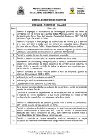 44
                          PREFEITURA MUNICIPAL DE ITABUNA
                               CNPJ Nº 14.147.490/0001-68
                       DEPARTAMENTO DE LICITAÇÕES E COMPRAS



                          SISTEMA DE RECURSOS HUMANOS

                          MÓDULO I – RECURSOS HUMANOS
Itens                                            Descrição
        Permitir a captação e manutenção de informações pessoais de todos os
        servidores com no mínimo os seguintes dados: Matrícula, Nome, Filiação, Data
 1
        de Nascimento, Sexo, Grau de Instrução, Estado Civil, Endereço, CPF, PIS, RG
        (Número, Órgão Expedidor e Data);
        Permitir a captação e manutenção de informações do vínculo que o servidor
 2      teve e/ou tem com o órgão com no mínimo os seguintes dados: Regime
        Jurídico, Vínculo, Cargo, Salário, Carga Horária Semanal e Regime Jurídico;
        Permitir o cadastramento de servidores em diversos regimes jurídicos como:
 3
        Celetistas, Estatutários, Comissionados e Contratos Temporários;
 4      Permitir o registro de atos de elogio, advertência e punição;
 5      Permitir o registro da promoção de cargos e salários dos servidores;
        Estabelecer um único código de registro para o servidor, para que através deste
        possam ser aproveitados os dados cadastrais de servidor que já trabalhou no
 6
        órgão público e permitir controle de todos os vínculos empregatícios que o
        servidor tenha ou venha a ter;
        Permitir contratos de duplo vínculo dentro e fora da empresa, quanto ao
 7
        acúmulo de bases para INSS e IRRF;
 8      Validar dígito verificador do número do CPF;
 9      Validar dígito verificador do número do PIS;
 10     Localizar servidores por nome ou parte dele;
        Deve possuir consulta rápida no cadastro de funcionários, sendo generalizada
 11
        através de tecla de função;
        Cadastrar e controlar os dependentes de servidores para fins de salário família
        e imposto de renda, realizando a sua baixa automática na época devida
 12
        conforme limite e condições previstas para cada dependente;

        Permitir o cadastramento de pensões judiciais com o nome da pensionista,
 13
        CPF, banco e conta para pagamento em folha;
        Permitir o cadastramento de todos os cargos do quadro de pessoal de natureza
        efetiva, comissionado e temporário etc, com no mínimo a nomenclatura
 14
        desejada pelo órgão, vinculando ao CBO, com Referência Salarial Inicial e
        Final, Quantidade de Vagas, Data e Número da Lei;
        Permitir o controle de cargos ocupados, emitindo mensagem de vagas
 15     ocupadas ao selecionar um determinado cargo no cadastro de funcionários;




                     Avenida Princesa Isabel, 678, Bairro São Caetano, Itabuna-BA.
                              CEP: 45.600-000. Tel/Fax.: (73) 3214-6371
 